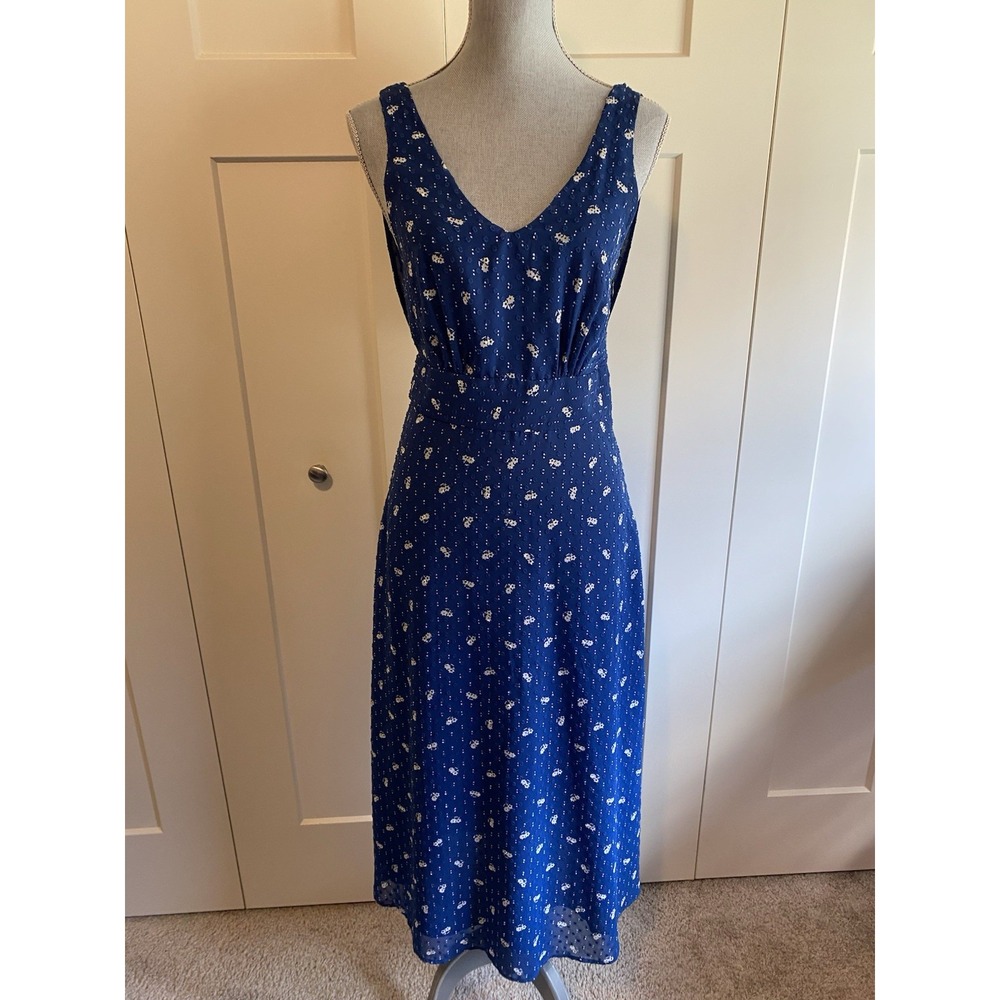 & Other Stories Blue & White Dit Floral Swiss Dot Midi Dress US 4 Romantic R2